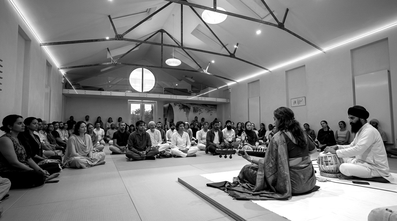 Black and white view across the Dojo hall: the sarod player and tabla player seated at the front, with the audience seated on the floor around them