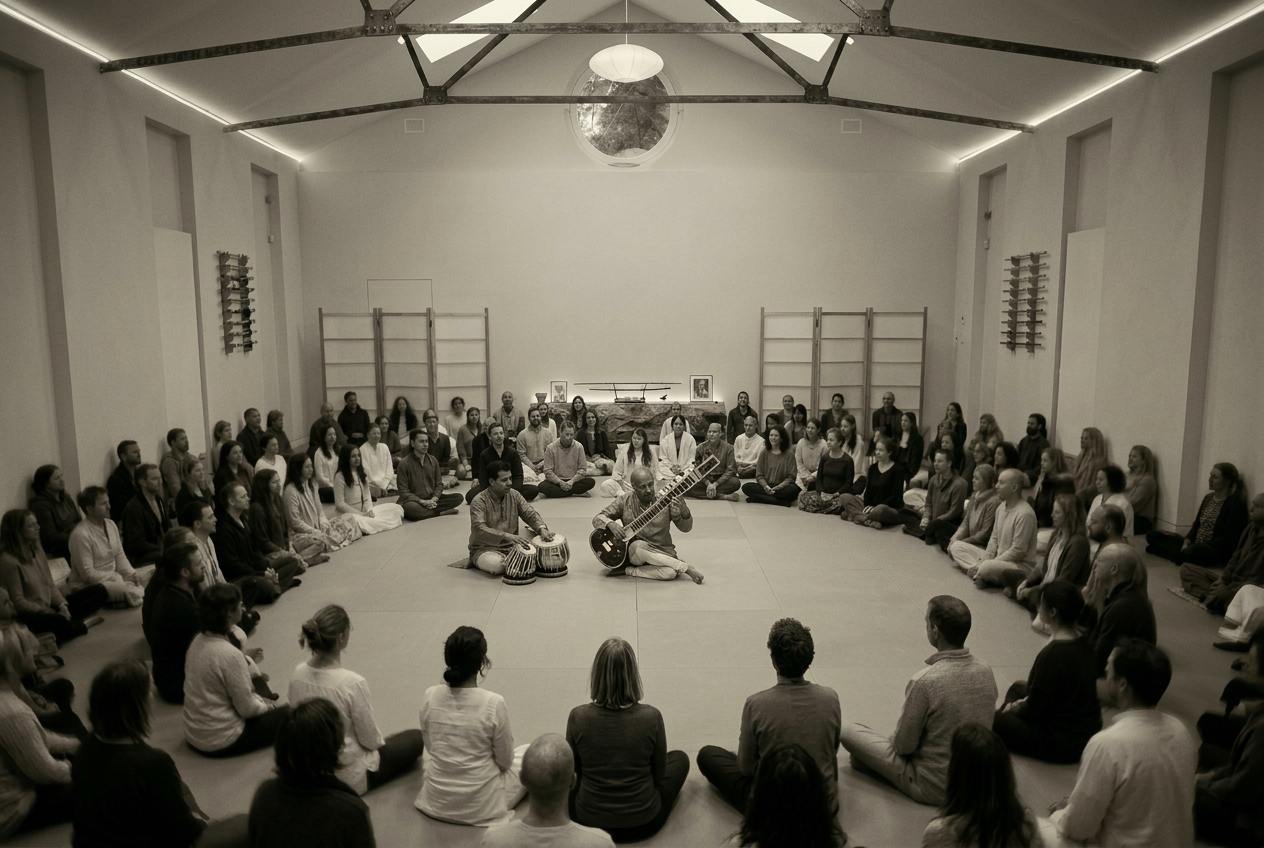 The Dojo interior with sitar and tabla artists at the centre, surrounded by an audience seated in concentric rings